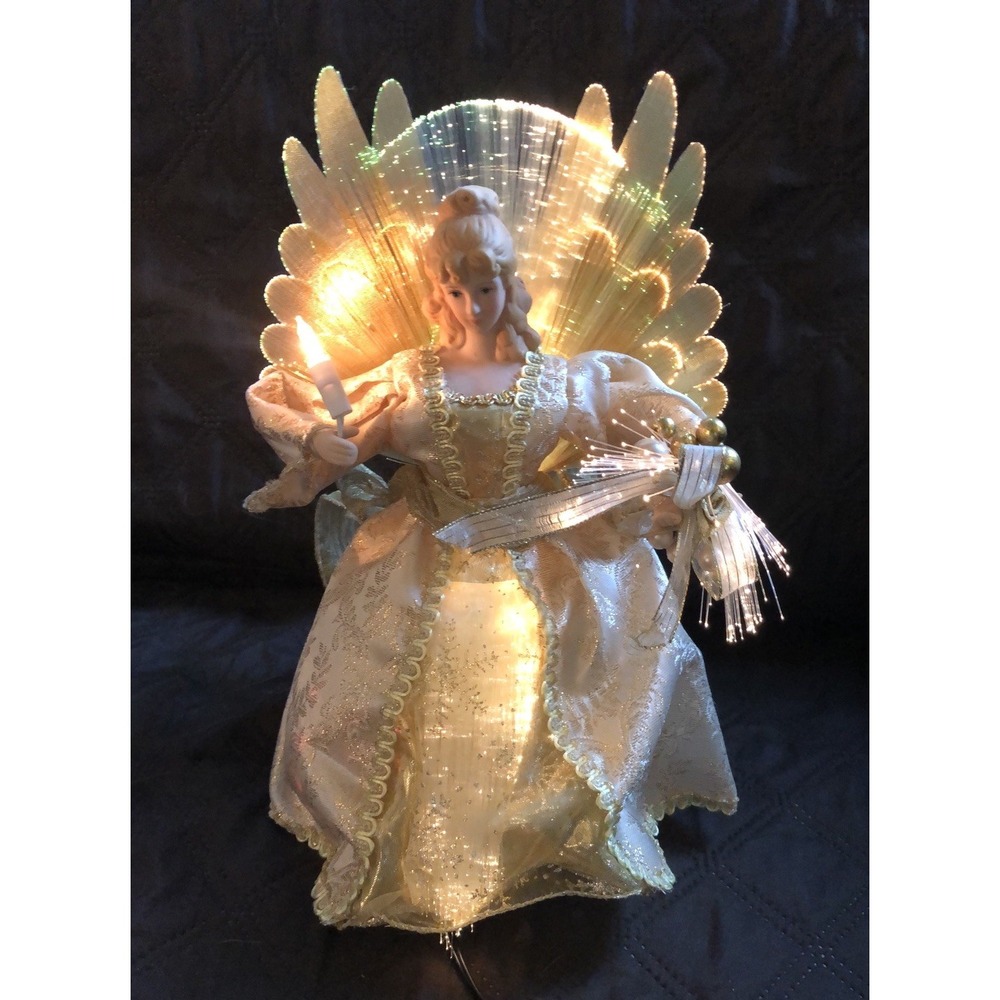 Vintage Fiber Optic Christmas Angel 12" Gold Color Changing Free Standing Works